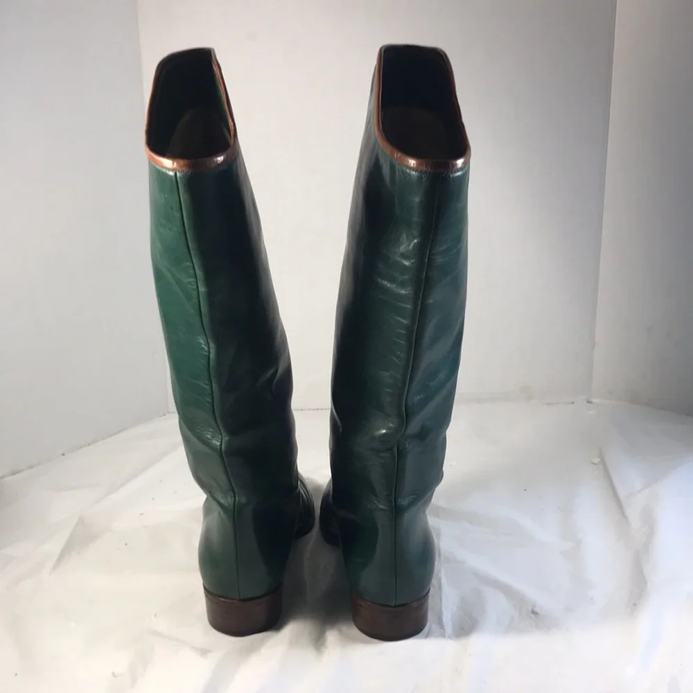 Pollini Vintage Dark Green & Tan Women's 14” Tall Luxury Leather Riding Boots